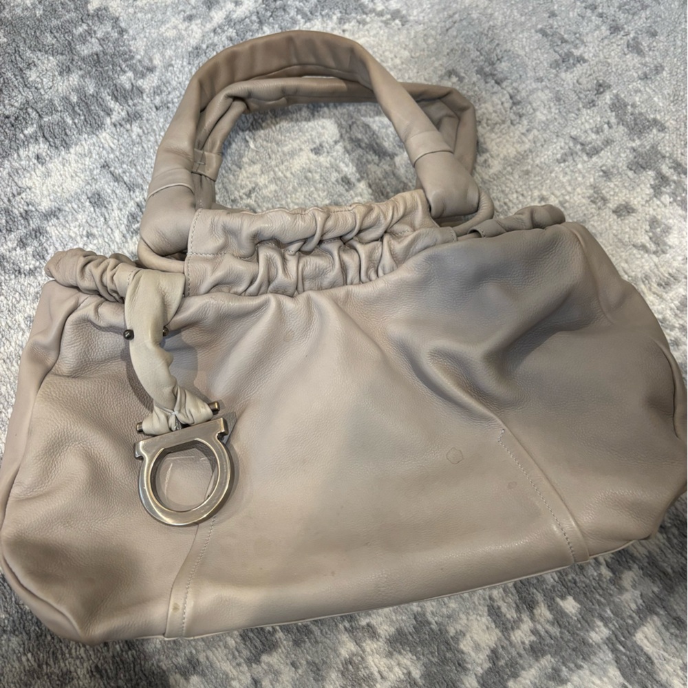 Ferragamo Taupe Leather Tote Bag with Silver Accent